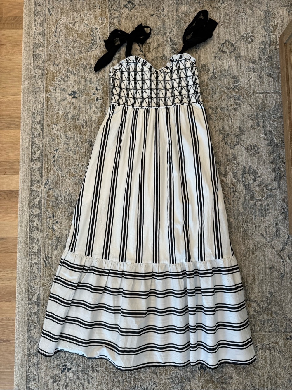 Striped Black and White Tie-Shoulder Maxi Dress